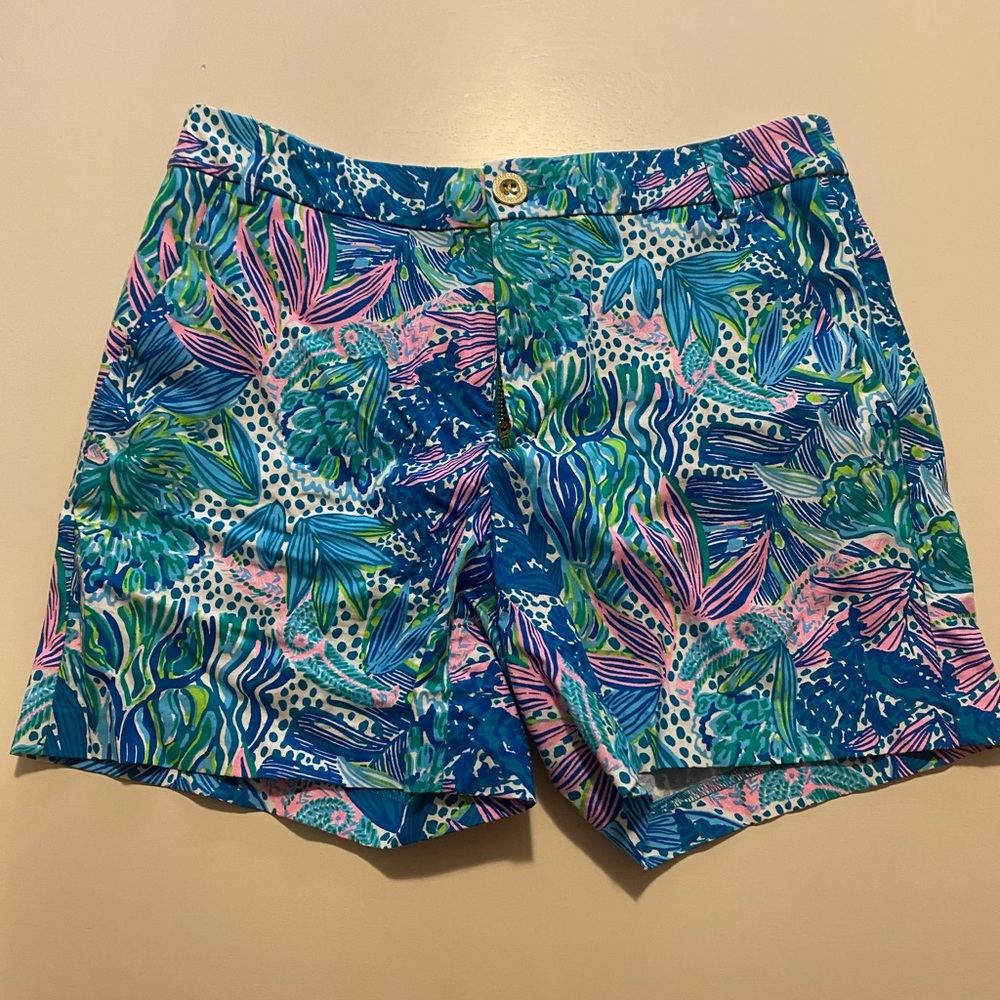 Lilly Pulitzer Blue and Green Bermuda Shorts Vibrant Tropical Print